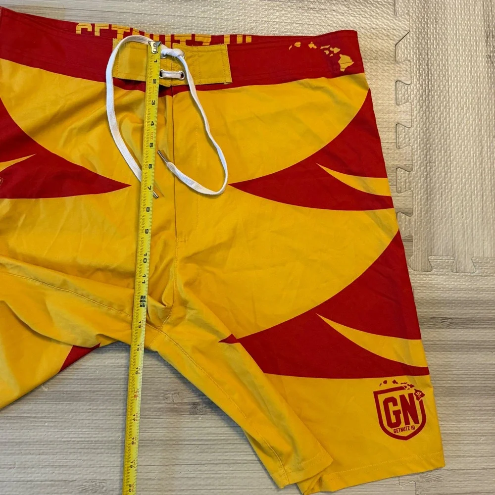 Getnutz HI Board Shorts Mens 36 Yellow Red Hawaii Graphic Surf Trunks Beachwear
